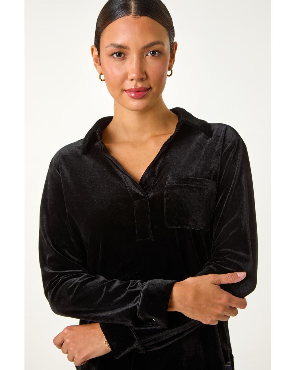 Roman Black Velvet V-Neck Collar Stretch Shirt