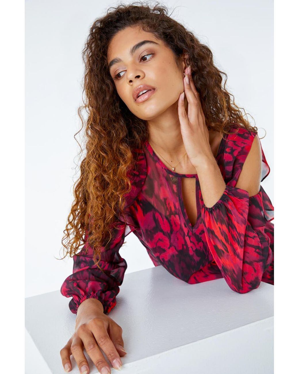Roman Red Animal Cold Shoulder Chiffon Frill Top