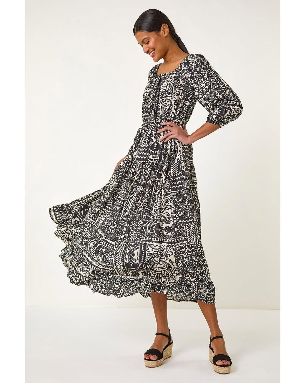 Roman Black Abstract Print Shirred Midi Dress