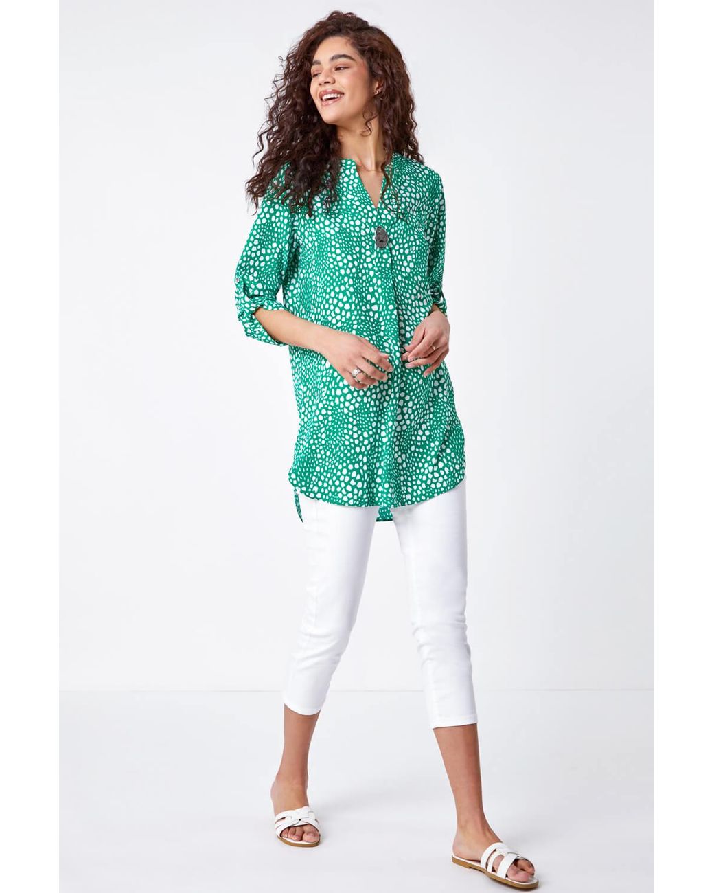 Roman Green Longline Button Detail Spot Print Top