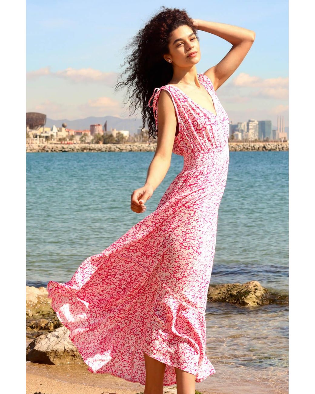 Roman Pink Ditsy Floral Shirred Waist Maxi Dress
