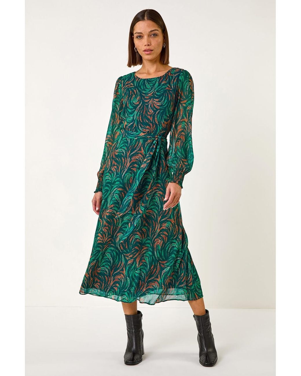 Roman Green Abstract Print Shirred Cuff Midi Dress