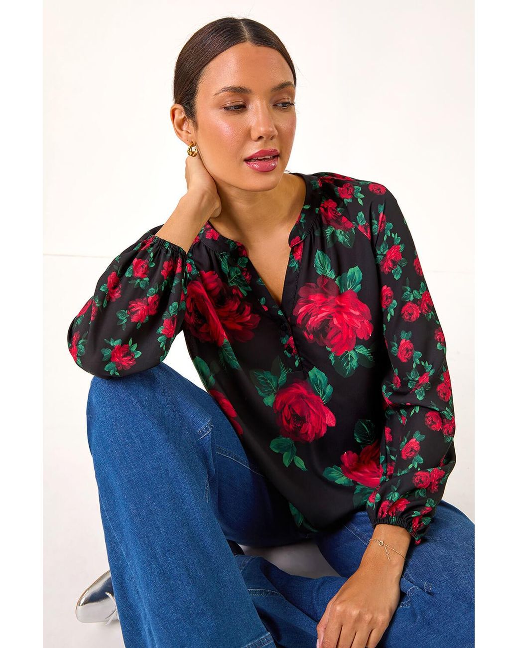 Roman Red Floral Print Notch Neck Top