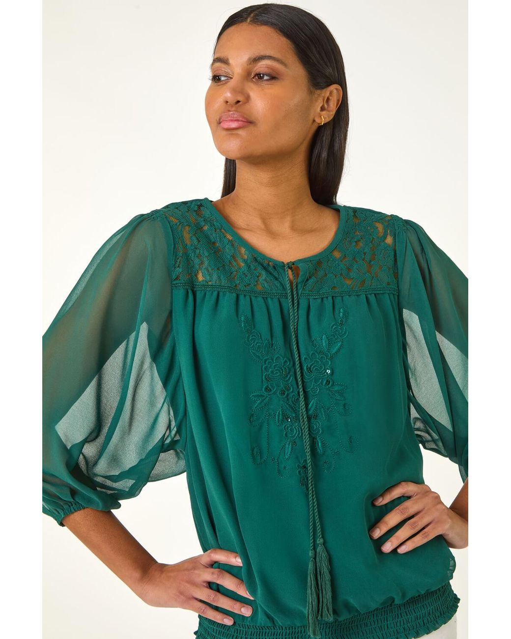 Roman Green Embroidered Lace Shirred Hem Top