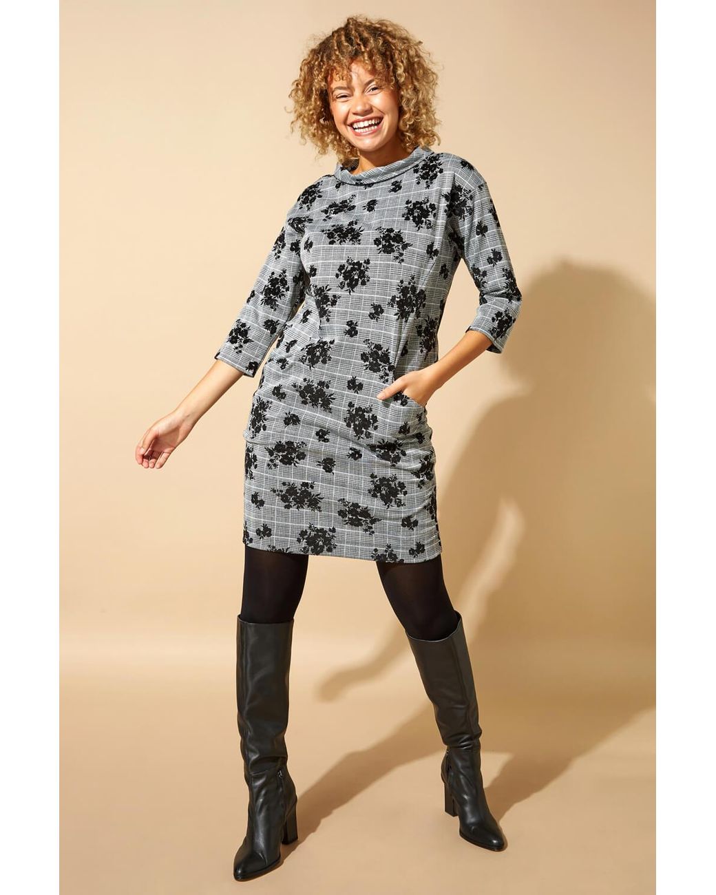 Roman Gray Floral Flocked Roll Neck Dress