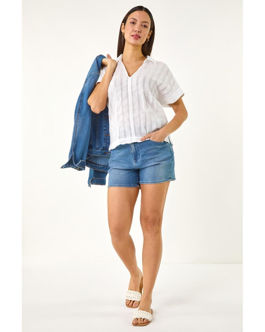 Roman Blue Textured Collar V-Neck Top