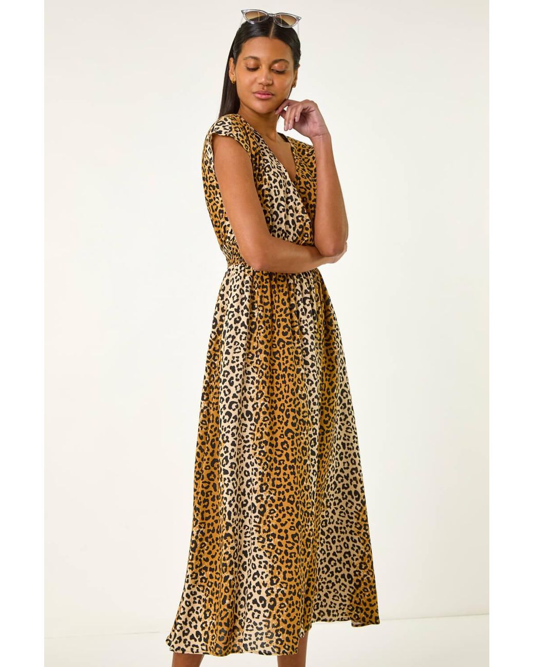 Roman Natural Animal Print Shirred Waist Maxi Dress