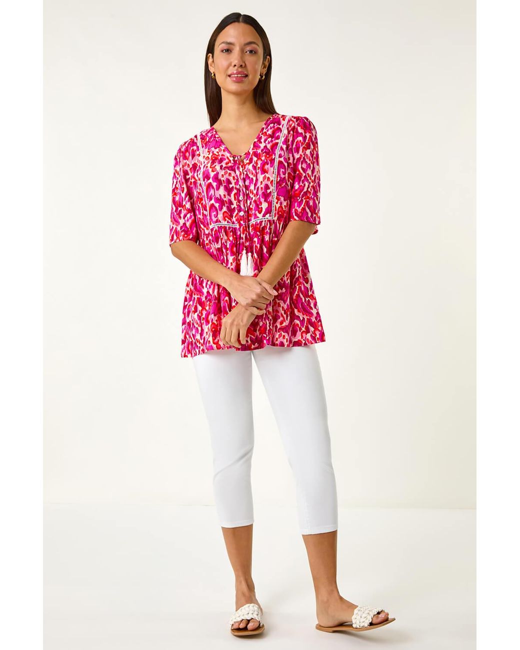 Roman Red Abstract Print Tassel Top