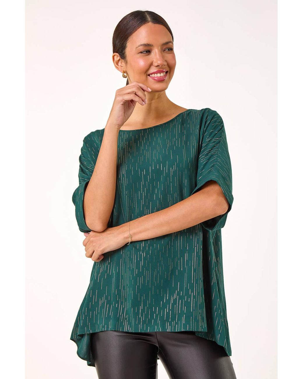 Roman Green Foil Print Button Detail Oversized Tee
