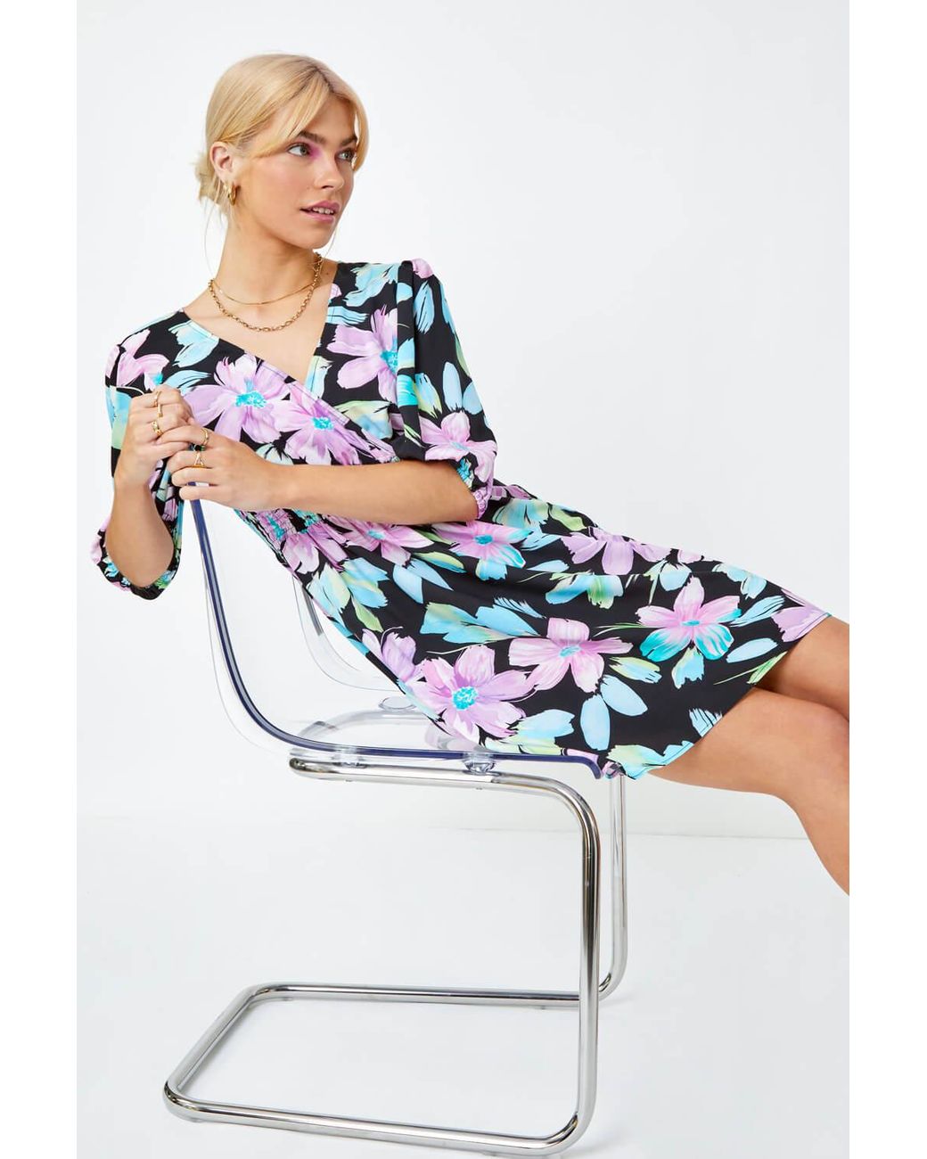 D.u.s.k Blue Floral Print Wrap Mini Dress