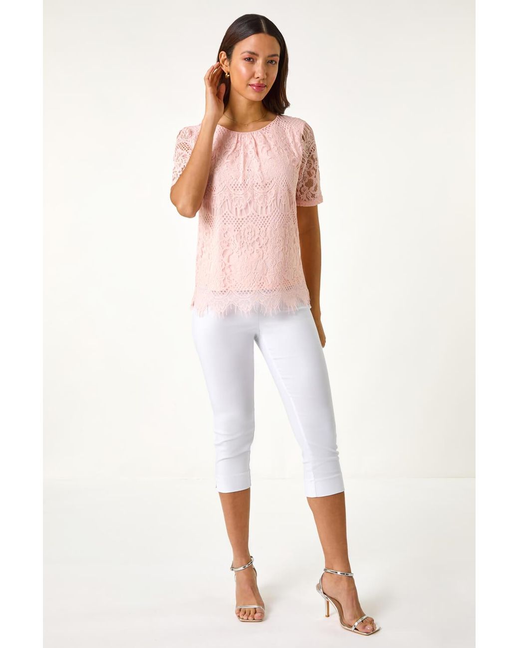 Roman Pink Scalloped Lace Round Neck Top