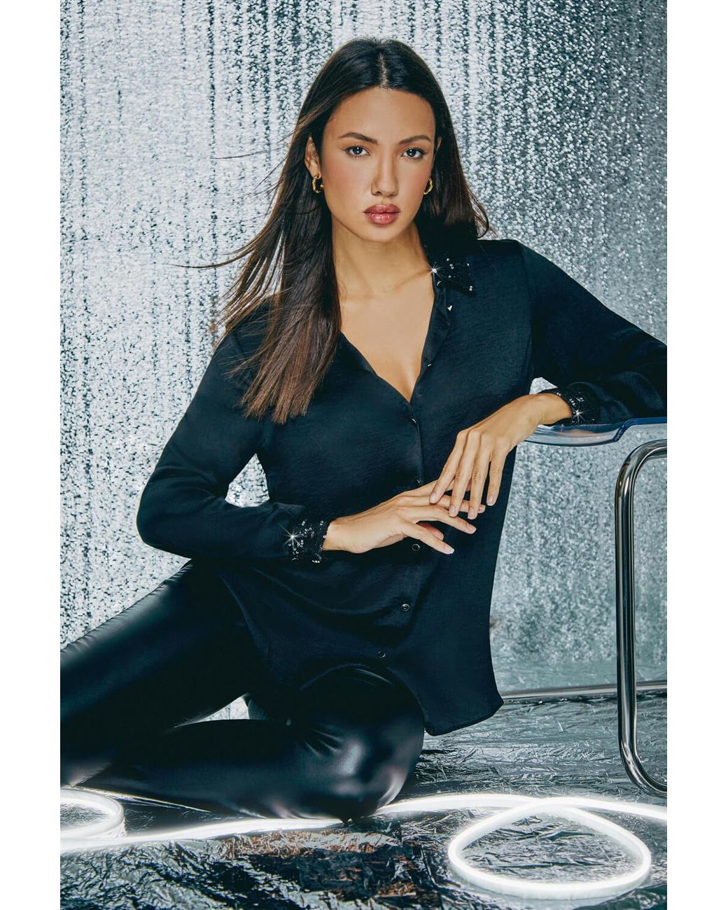 Roman Gray Sequin Trim Satin Stretch Shirt