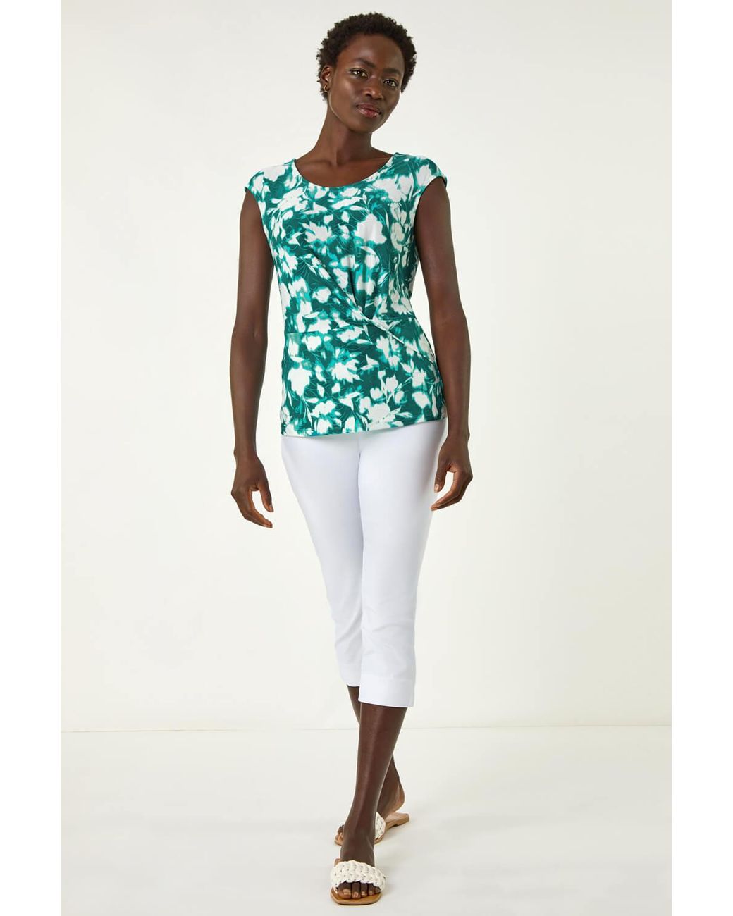 Roman Green Floral Jacquard Twist Front Top