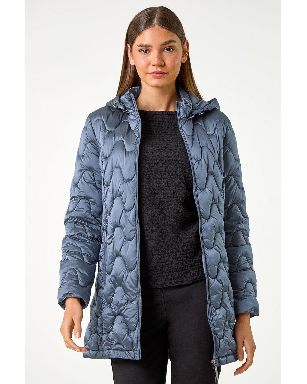 Roman Blue Wave Quilted Puffer Hooded Coat