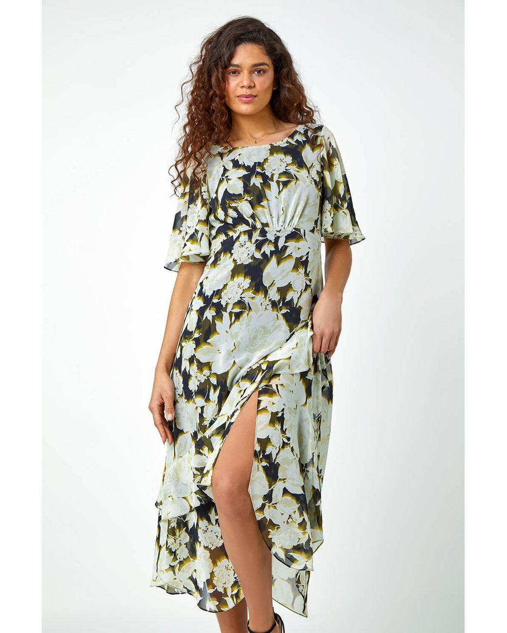 Roman Green Floral Chiffon Tiered Asymmetric Midi Dress