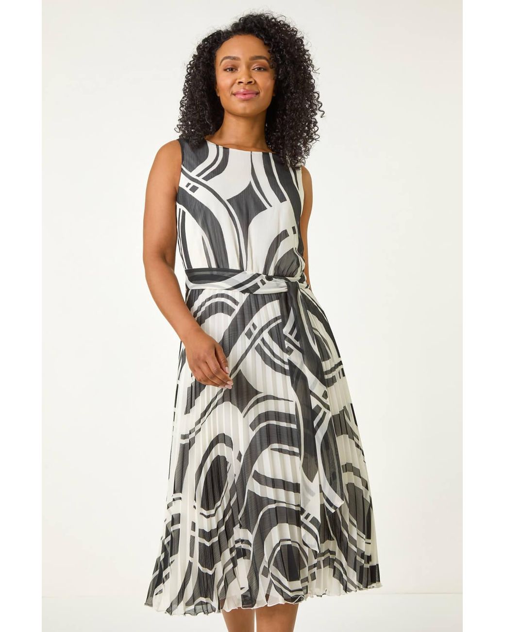 Roman Petite Black Print Tie Waist Pleated Dress