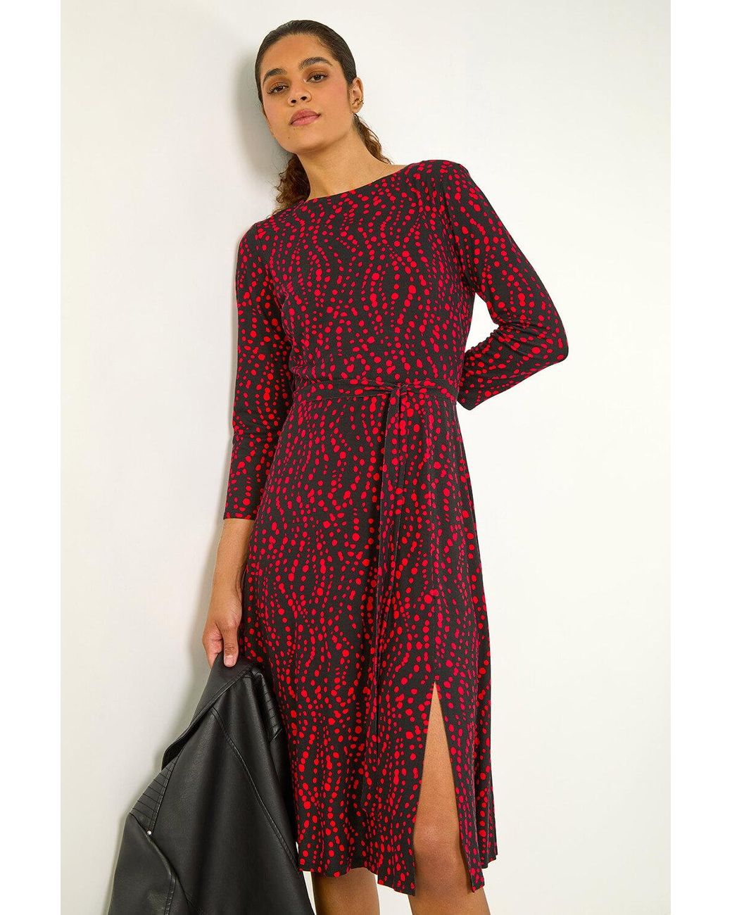 Roman Red Stretch Spot Detail Belted Dress