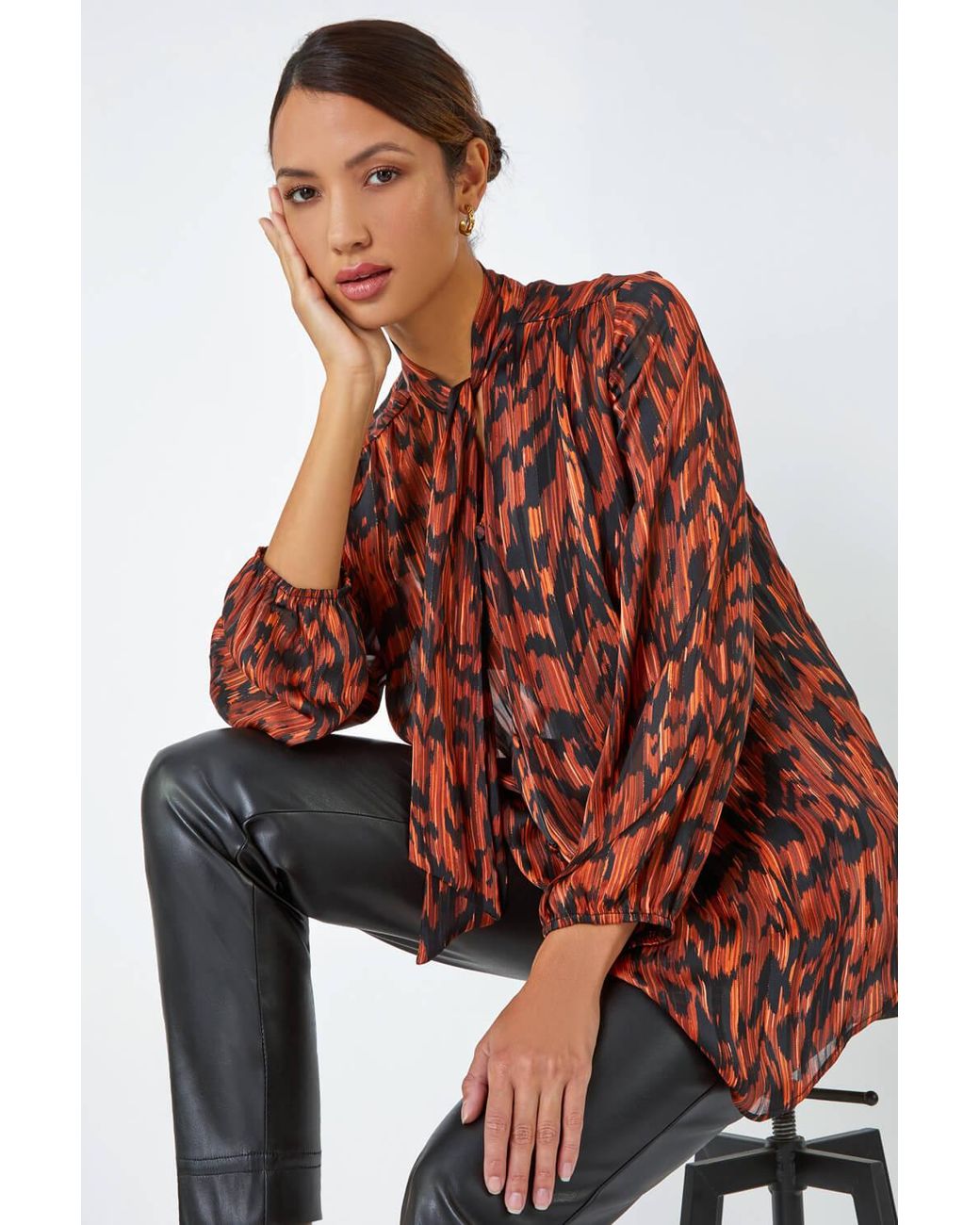 Roman Brown Animal Print Tie Neck Chiffon Top
