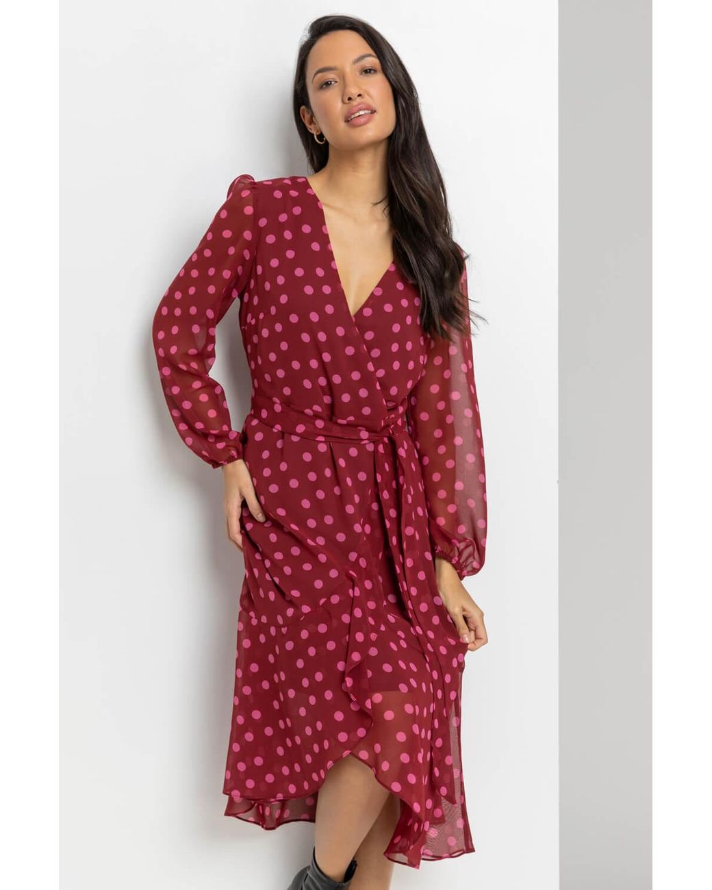 Roman Red Spot Print Belted Wrap Dress