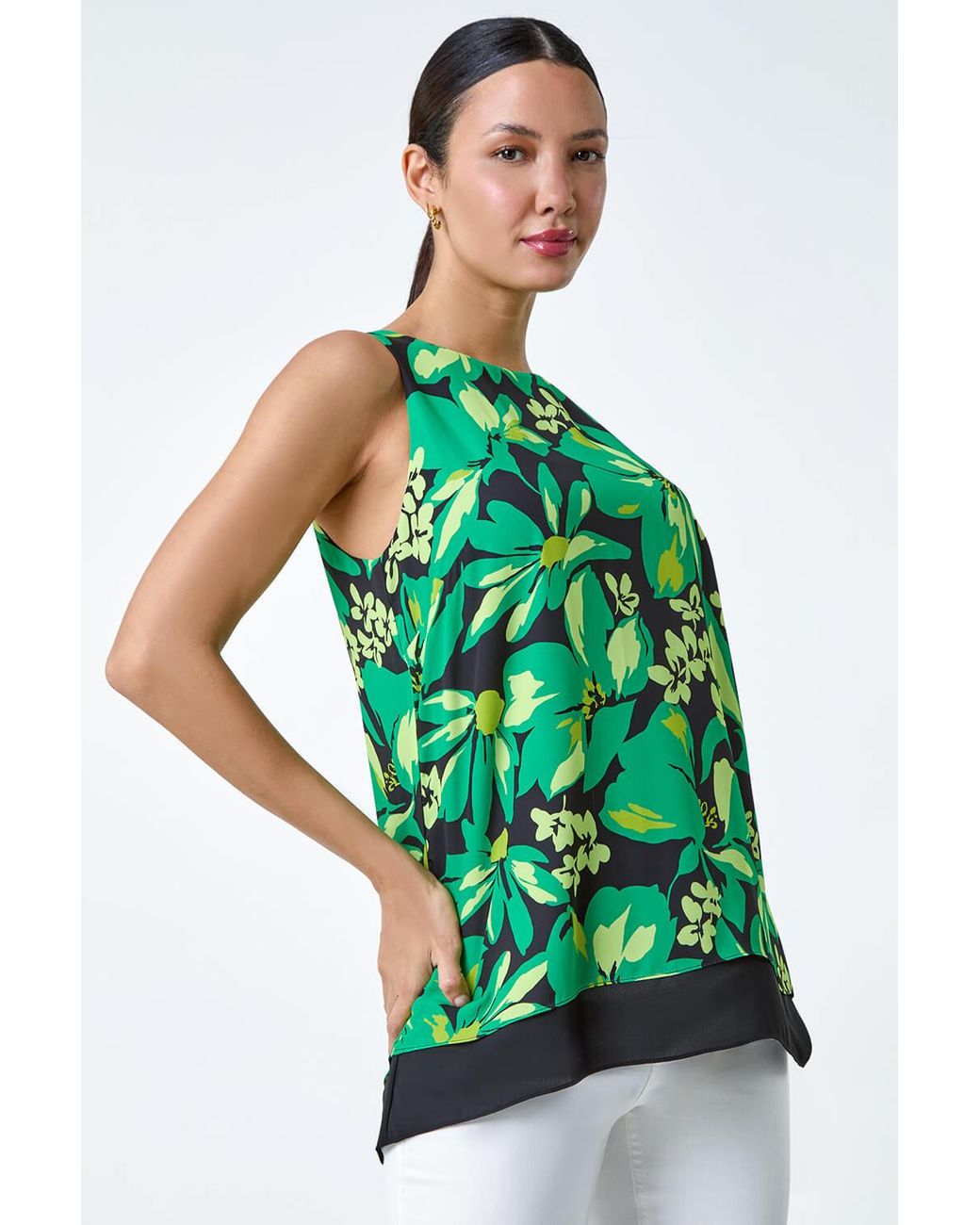 Roman Green Floral Print V-Neck Double Layer Vest Top