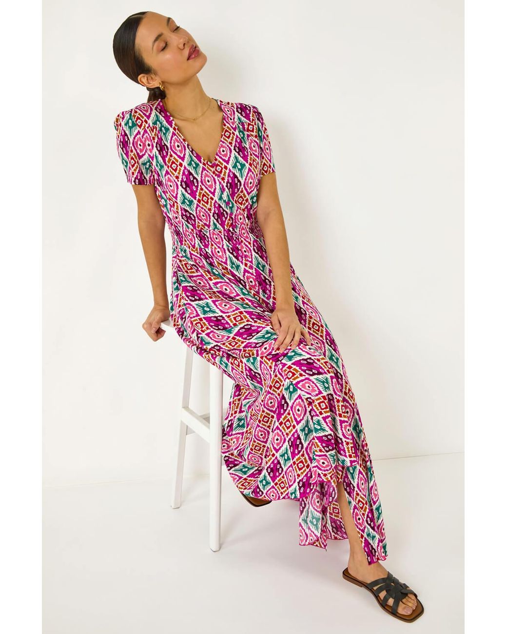 Roman Pink Lkat Print Button Through Maxi Dress