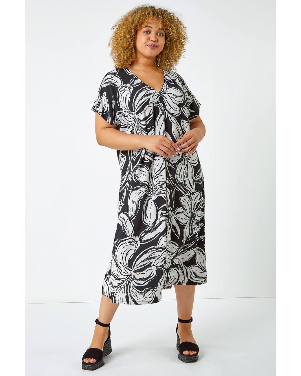 Roman Curve White Floral Midi Shift Dress