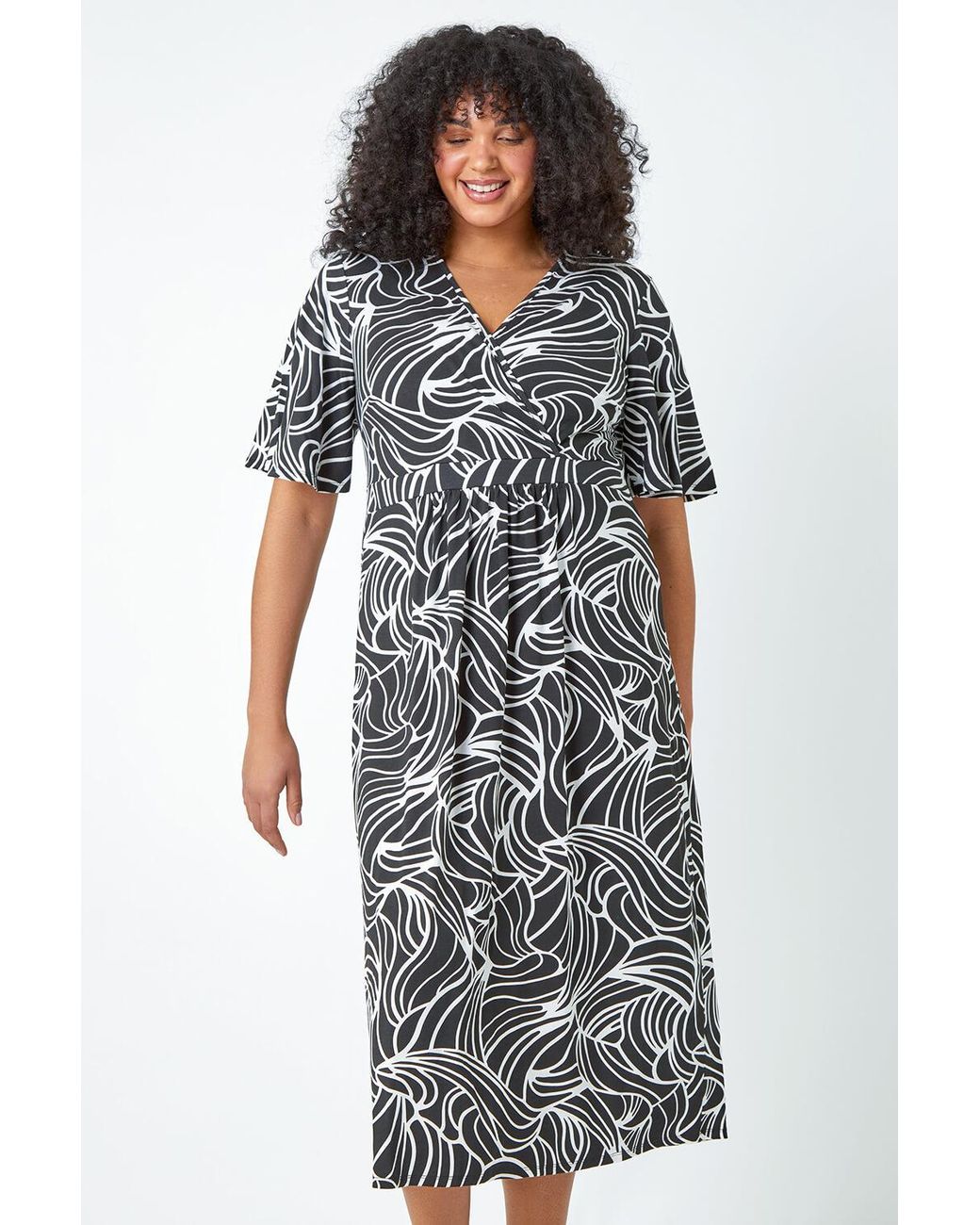 Roman Curve Gray Linear Print Midi Wrap Dress