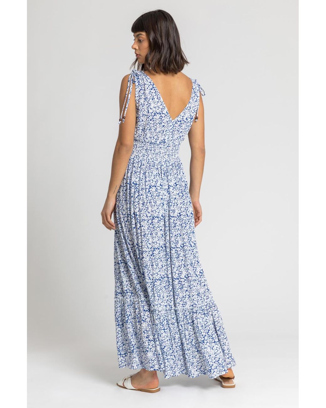 Roman Blue Ditsy Floral Shirred Waist Maxi Dress