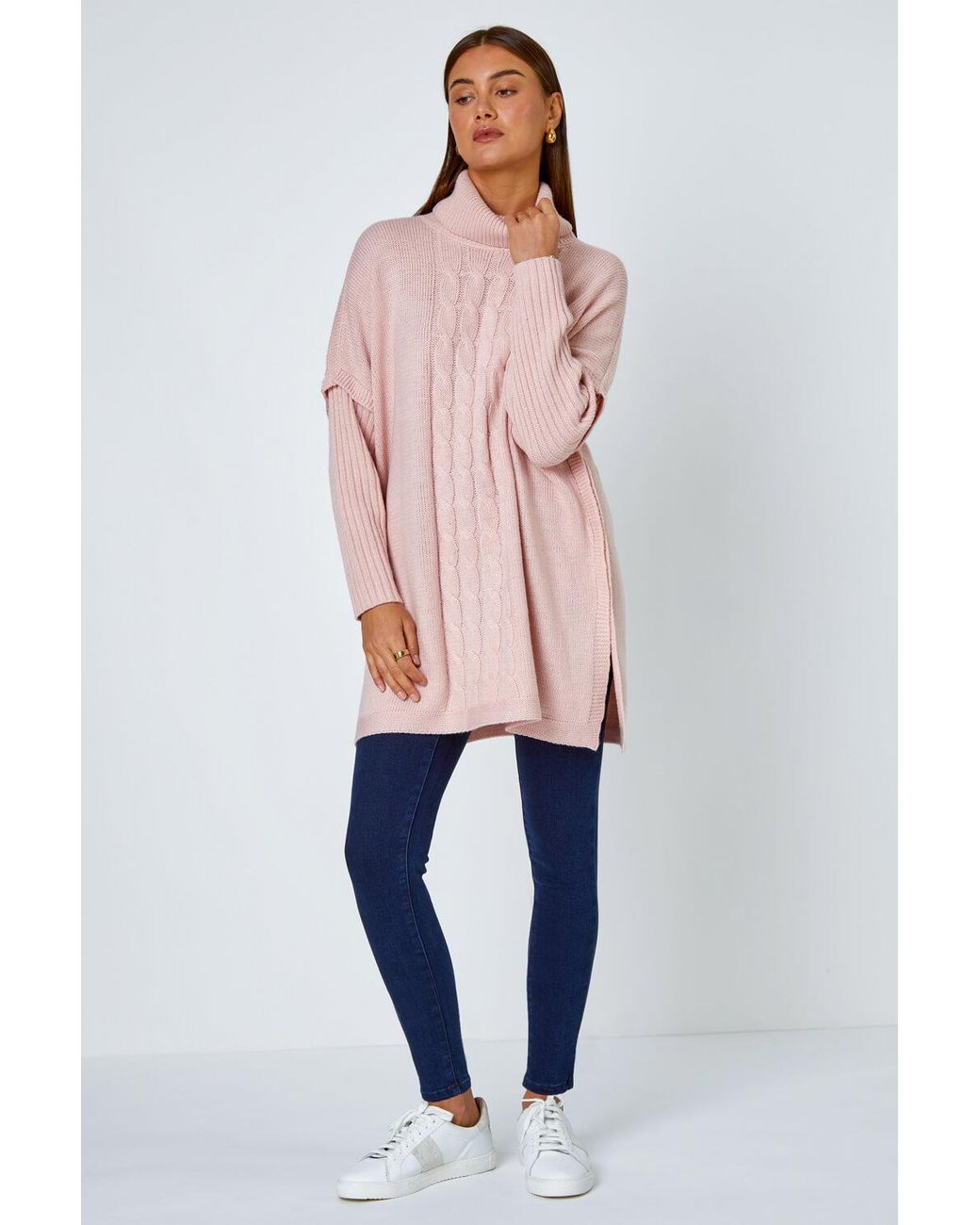 Roman Pink Cable Knit Roll Neck Poncho Jumper