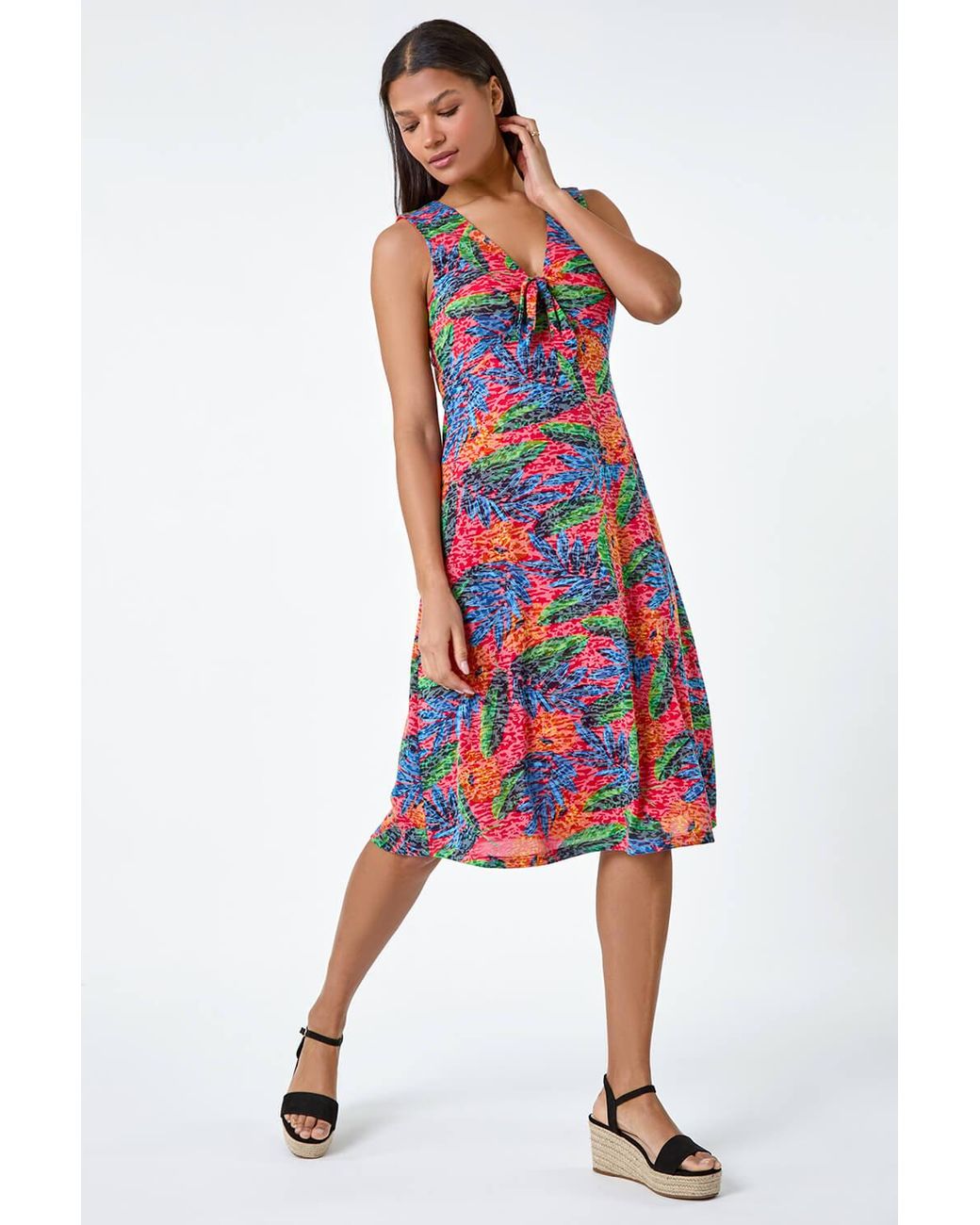 Roman Red Burnout Tropical Print Stretch Dress