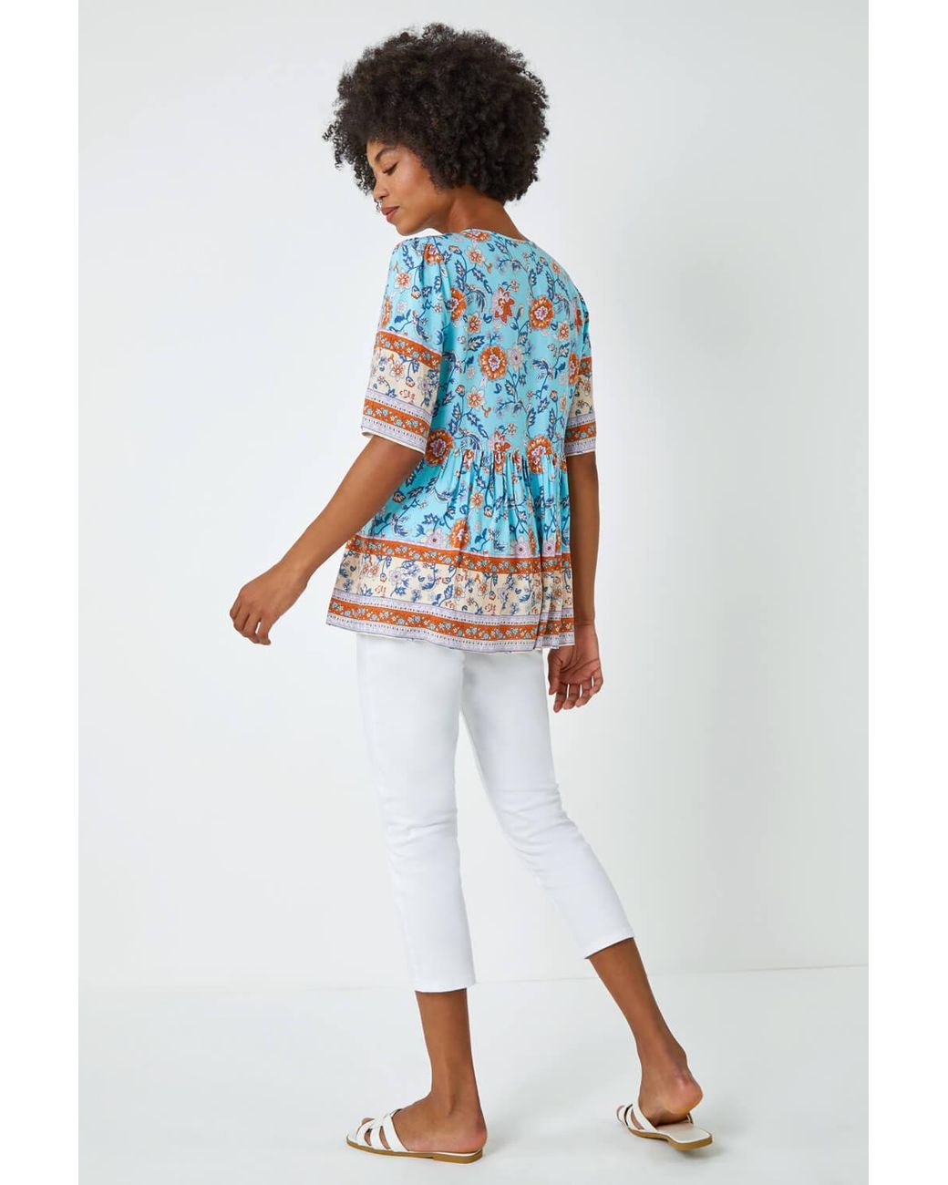 Roman Blue Floral Border Print Tassel Detail Top