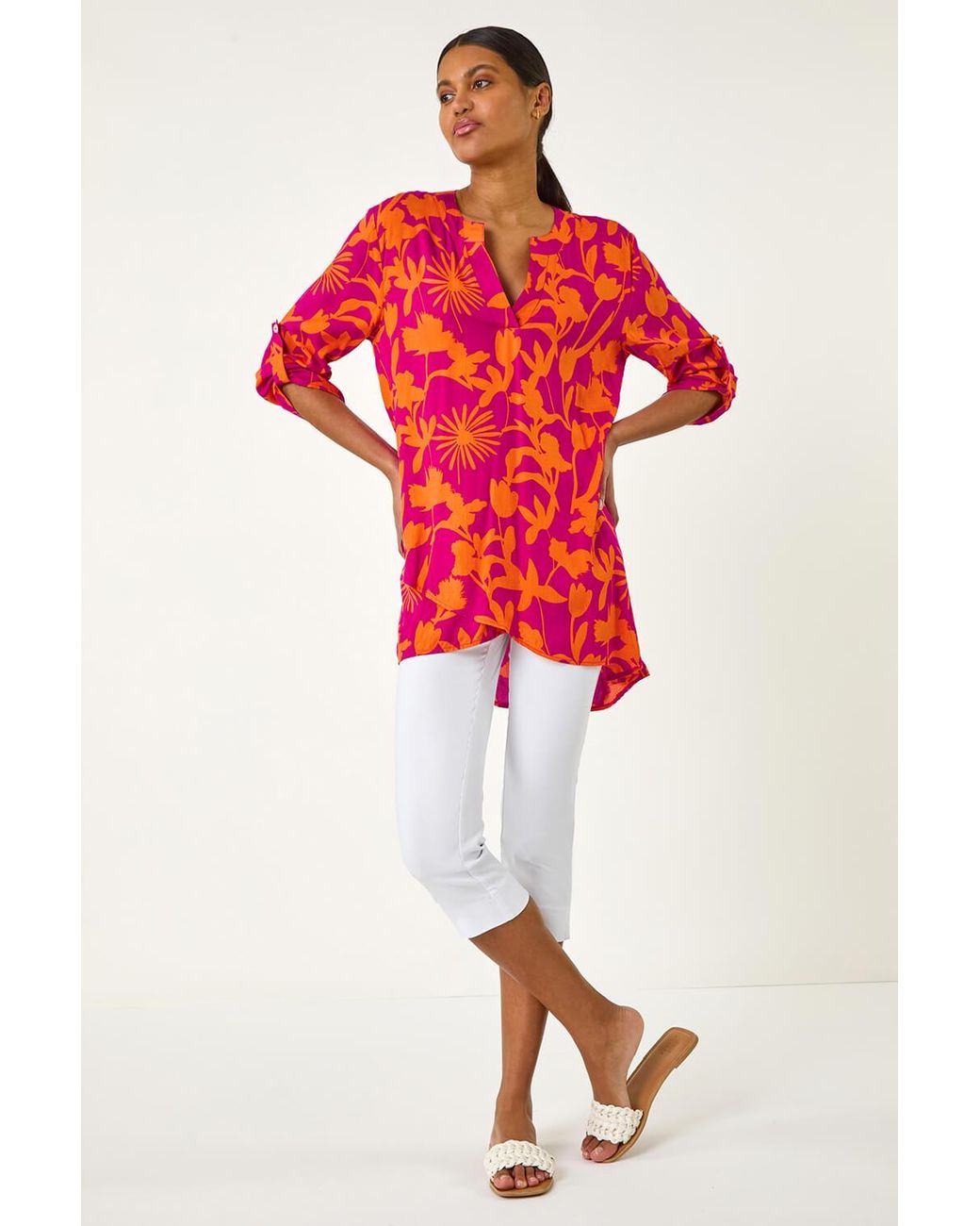 Roman Red Floral Wrap Hem Tunic Top