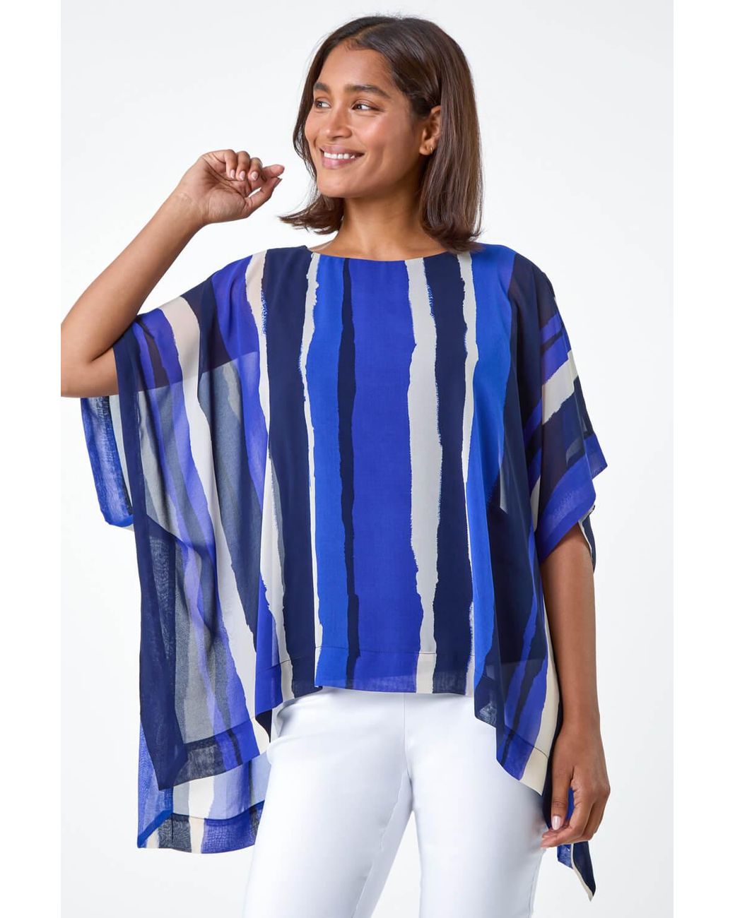 Roman Blue Stripe Print Chiffon Overlay Tunic Top
