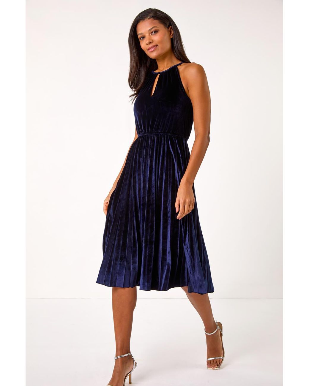 Roman Blue Velvet Halterneck Midi Dress