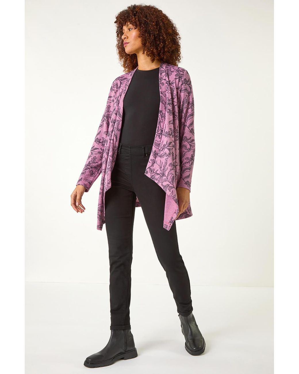 Roman Linear Floral Print Gathered Cardigan