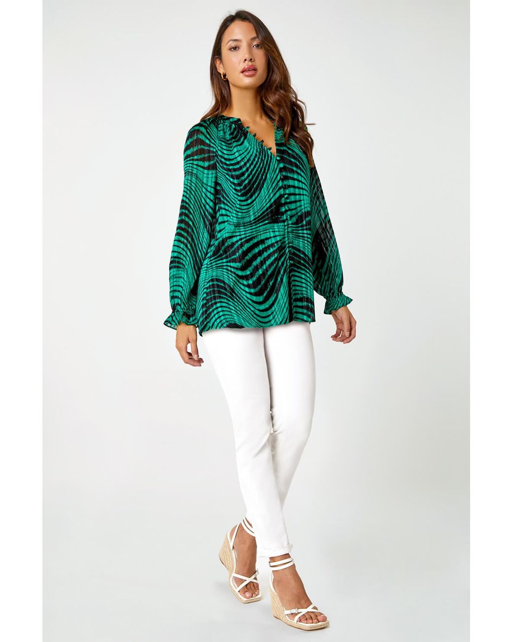 Roman Green Metallic Print Chiffon Blouse