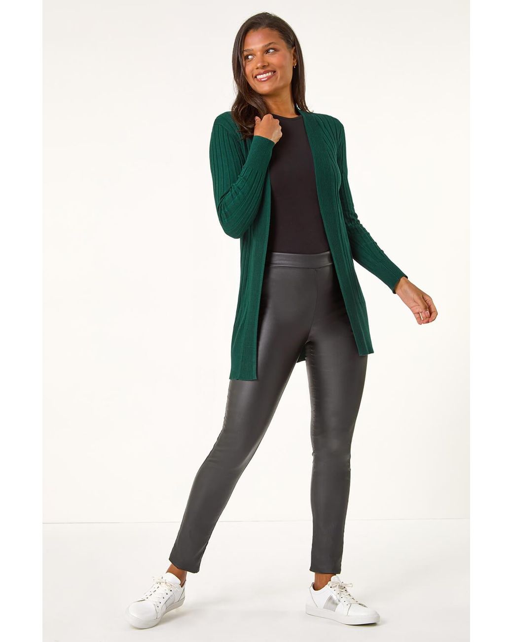 Roman Green Longline Stretch Ribbed Cardigan
