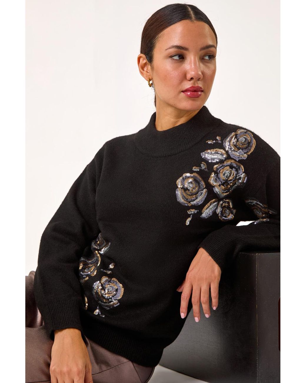 Roman Black Floral Sequin Knit Jumper