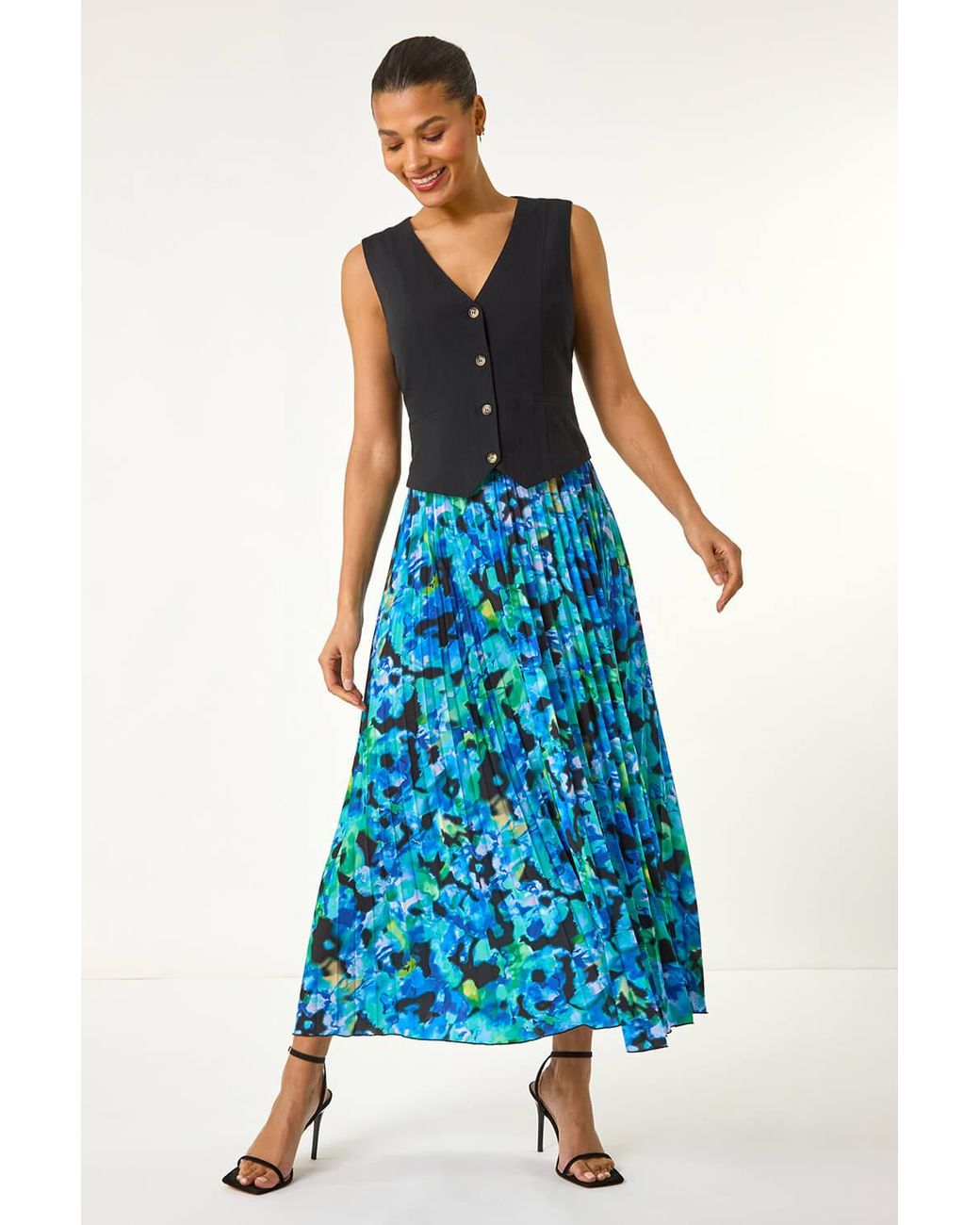 Roman Blue Abstract Print Pleated Skirt