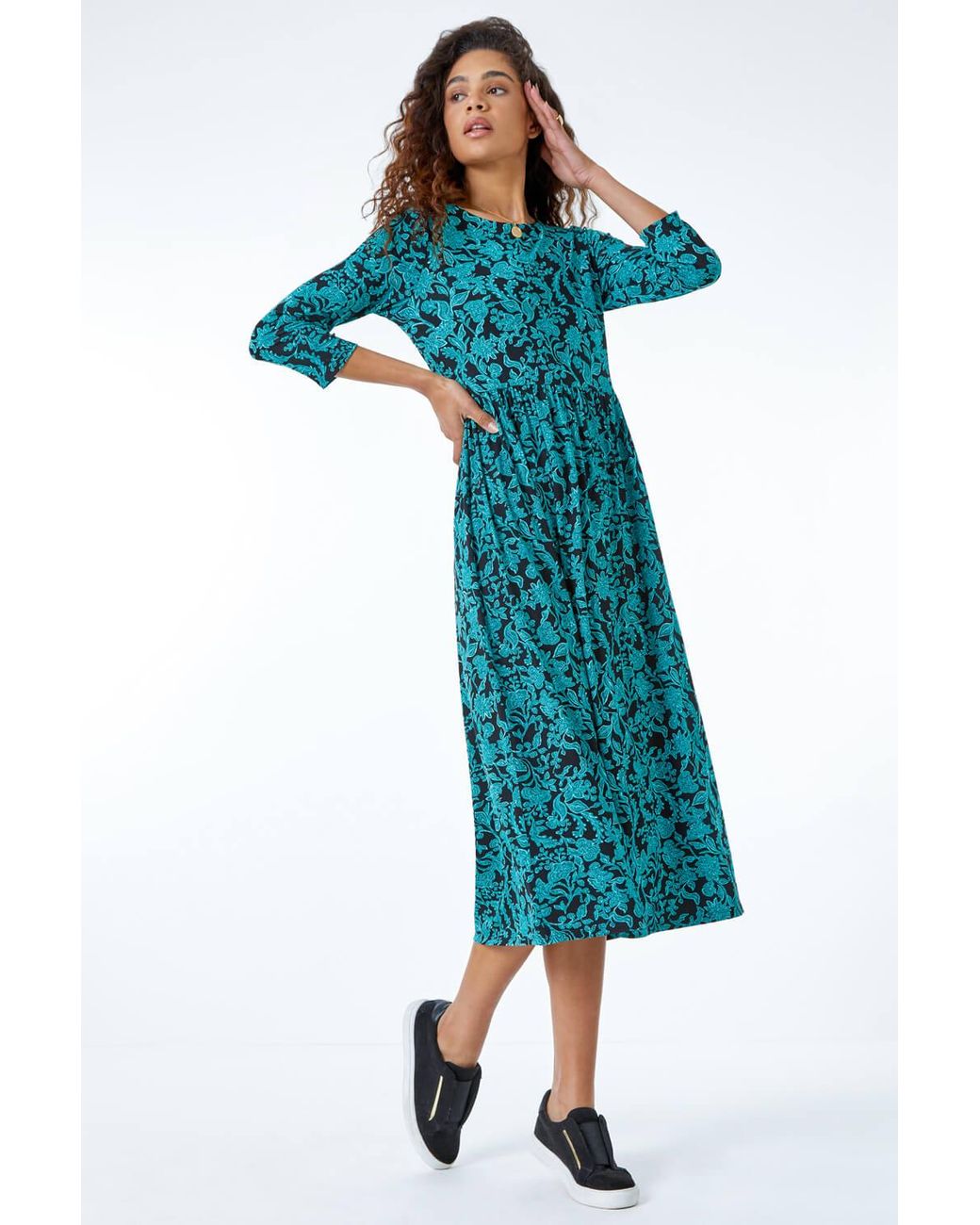 Roman Blue Leaf Print Midi Stretch Dress