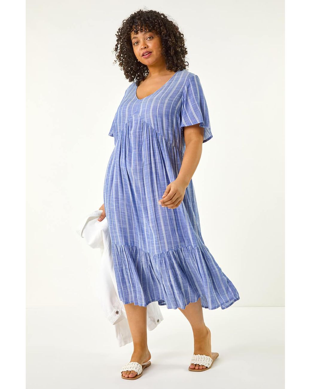 Roman Curve Blue Stripe Print V-Neck Midi Dress