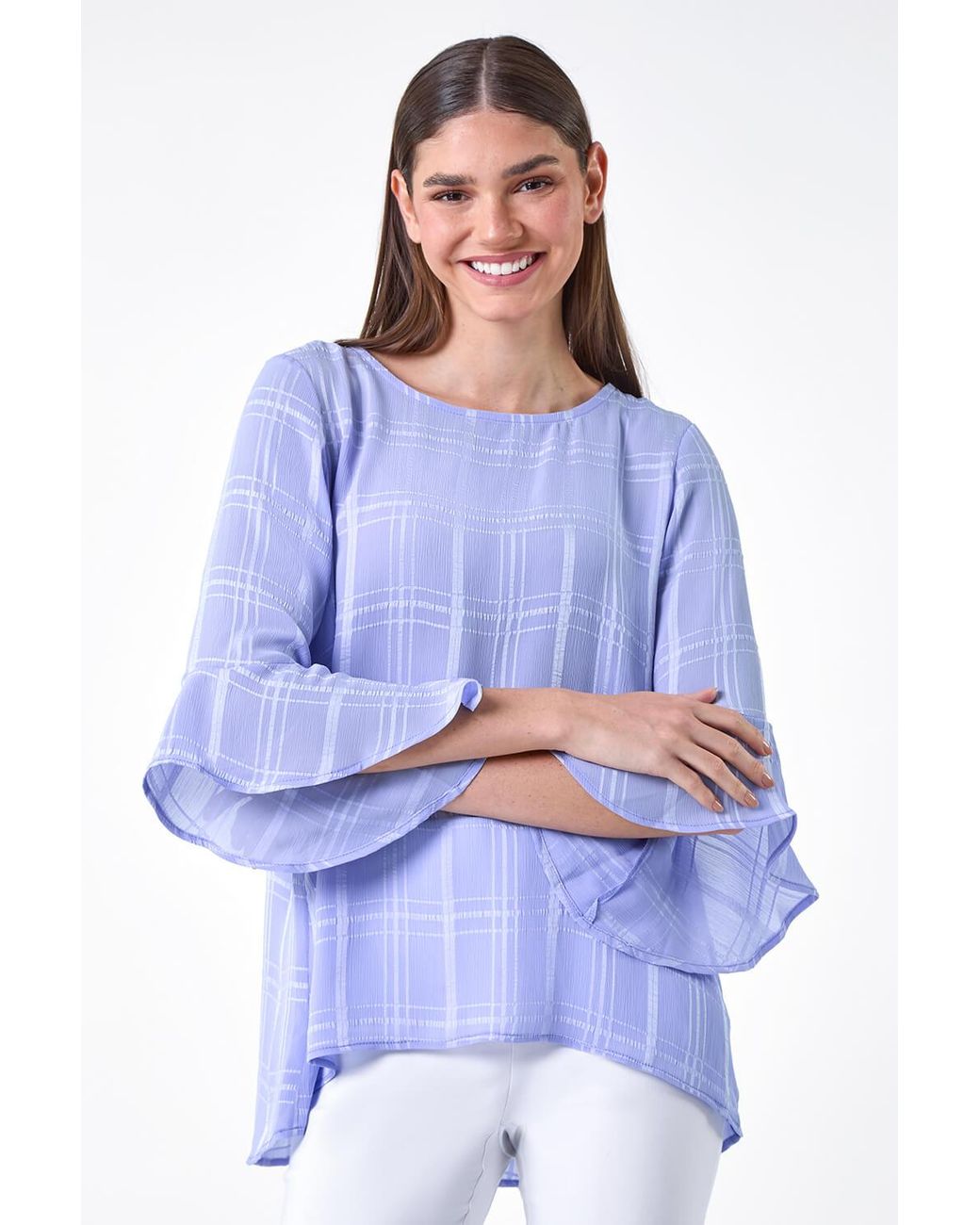 Roman Blue Satin Stripe Frill Sleeve Top