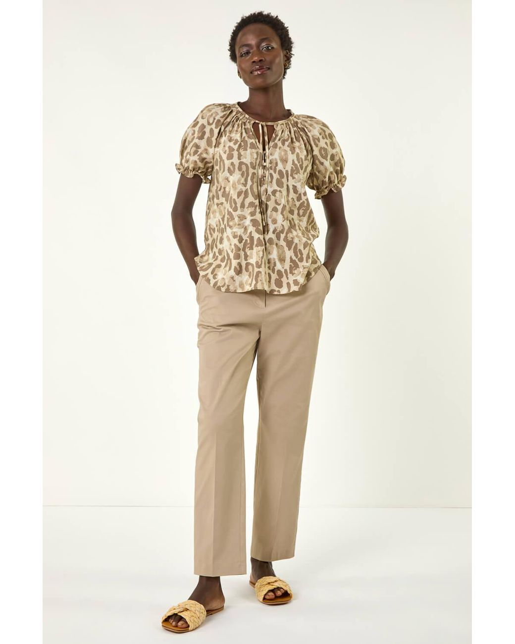Roman Metallic Animal Print Tie Neck Top