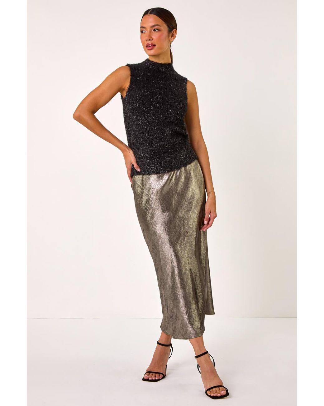 Roman Metallic Bias Cut Midi Skirt