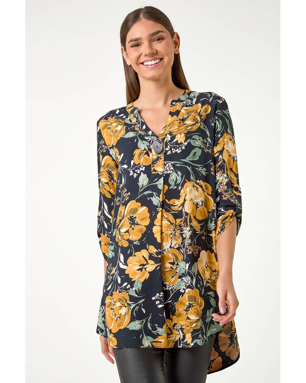Roman Multicolor Floral Print Tunic Button Top