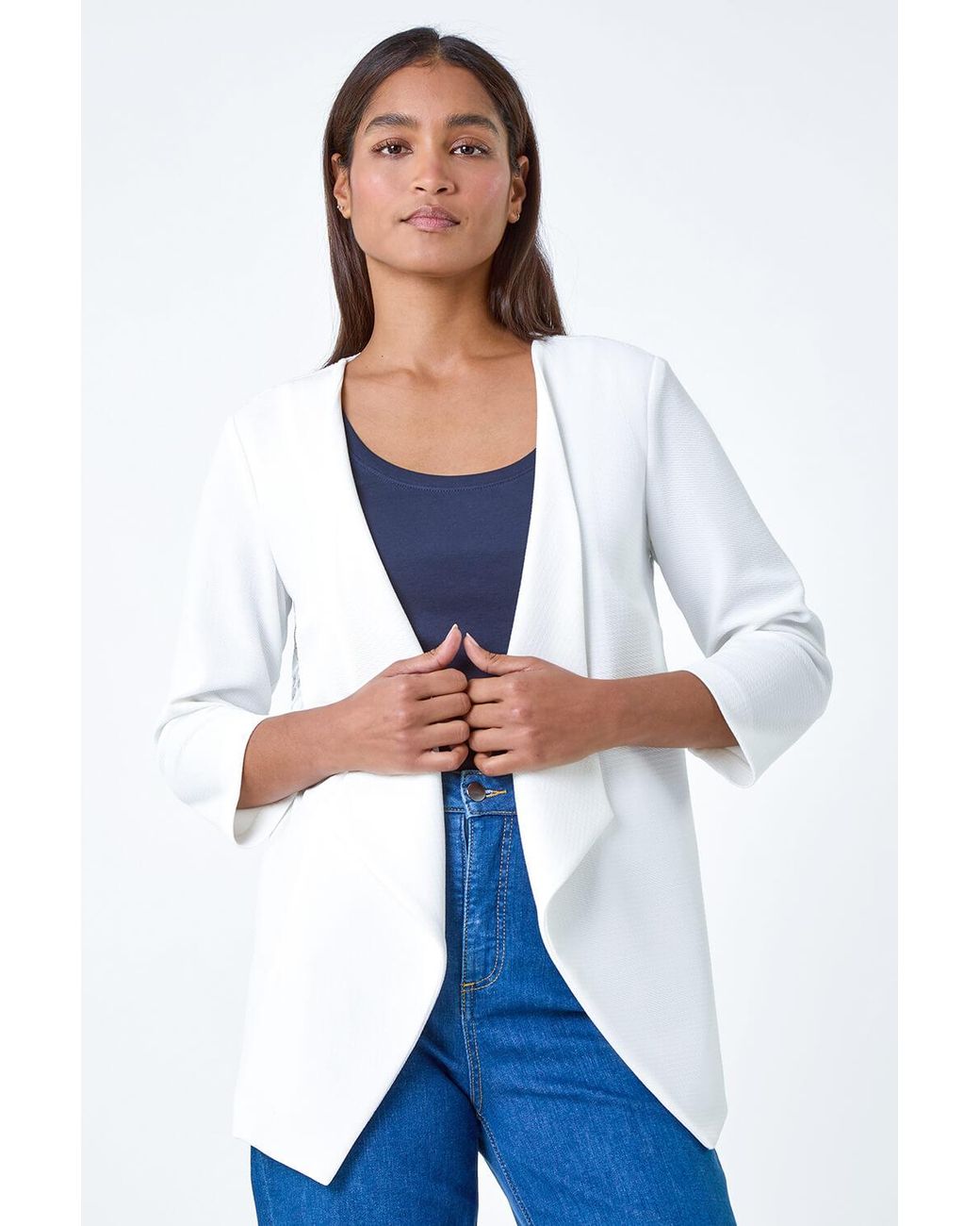 Roman Blue 3/4 Sleeve Lace Back Waterfall Jacket