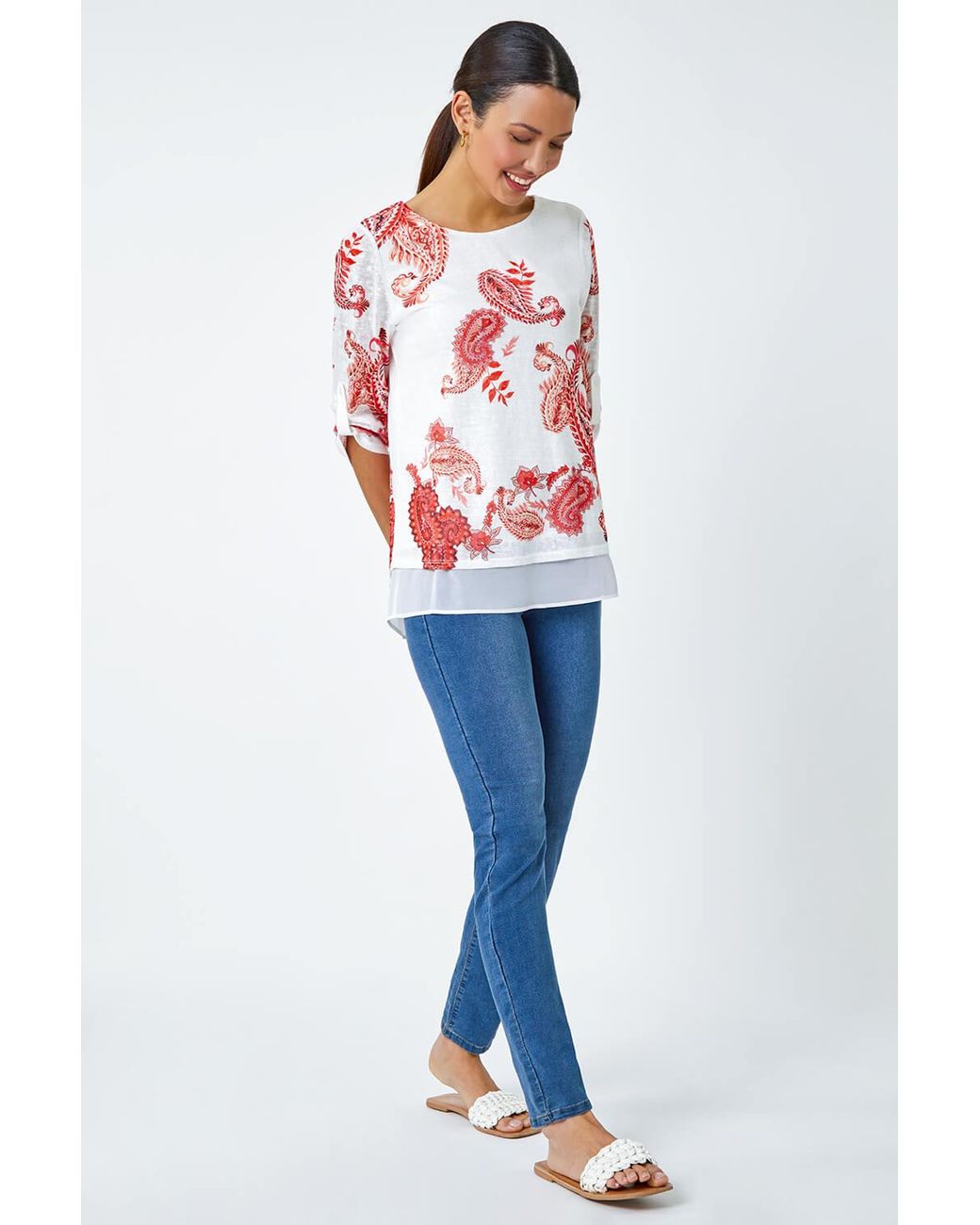 Roman White Paisley Print Double Layer Top