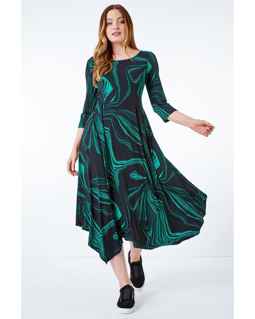 Roman Green Abstract Marble Print Midi Dress