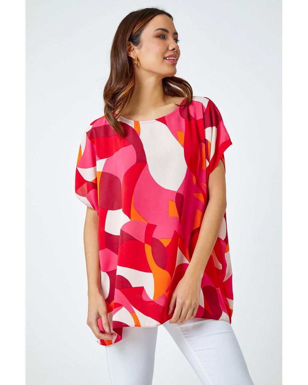 Roman Red Abstract Print Chiffon Overlay Top