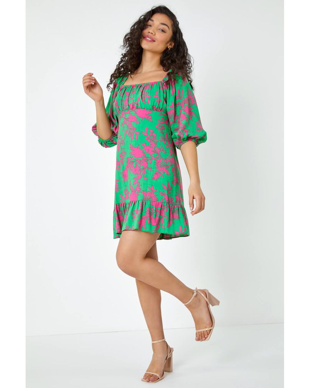 D.u.s.k Green Floral Tie Back Frill Hem Dress
